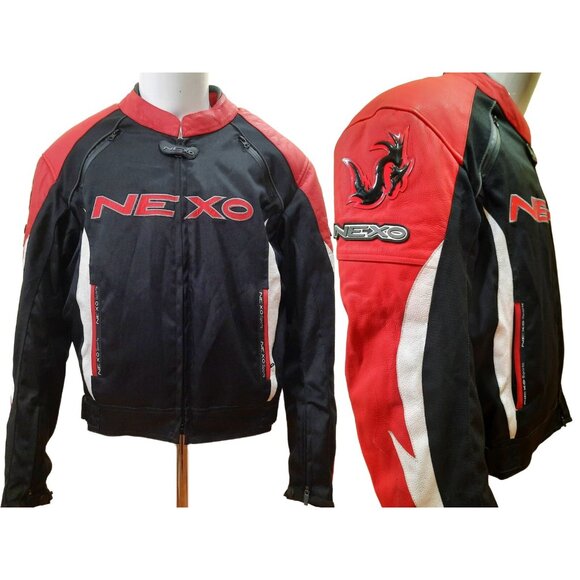 Y2K Leather Racing Motorcycle Jacket Armored Mens Size M Red Black White Nexo - Picture 1 of 15